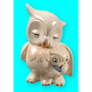 Vintage Luster Glazed Mama & Baby Owl Porcelain Ceramic Figure